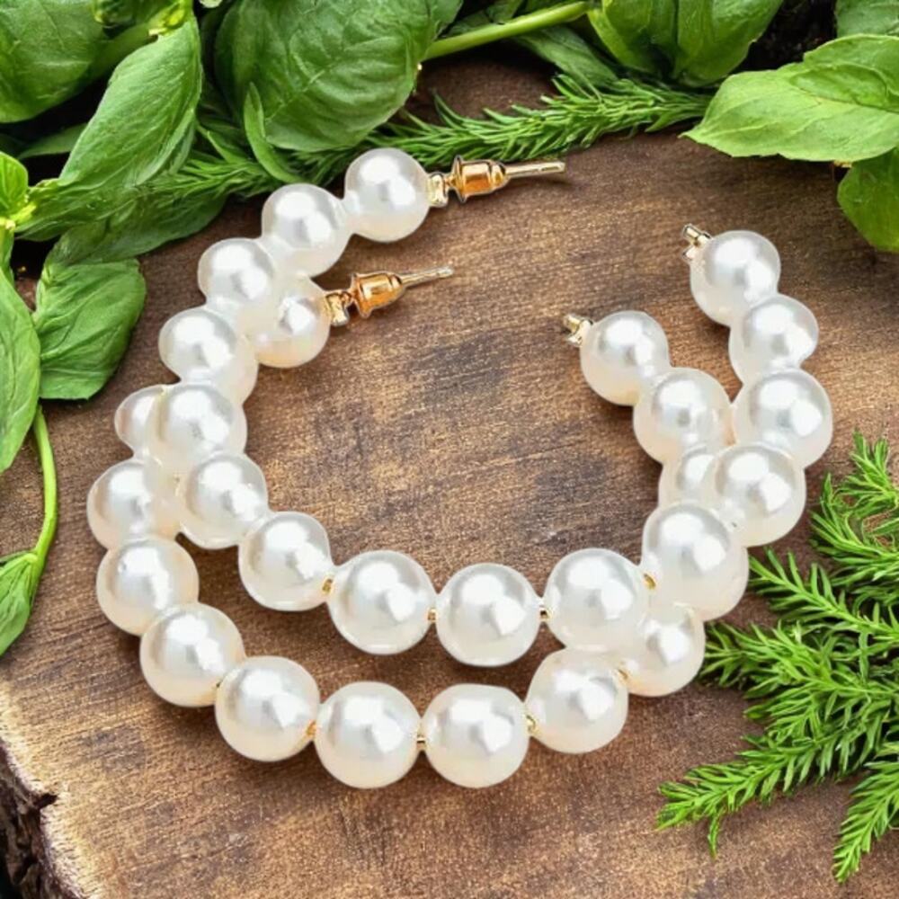 Earrings Women White Pearl‎ Hoops